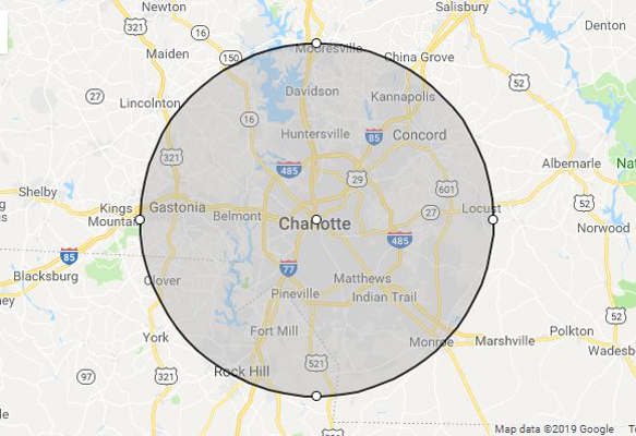 phillips celebrations radius of charlotta north carolina service area 